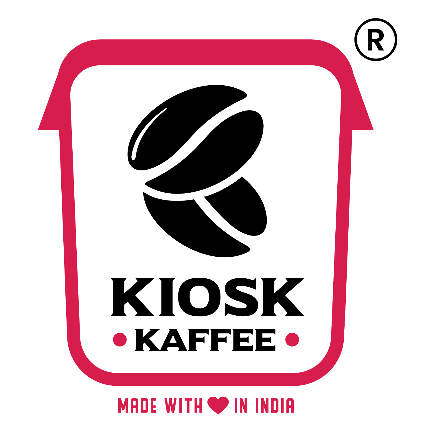 Kiosk Kaffee official brand logo featuring a coffee bean icon and "Made with ❤️ in India" tagline.